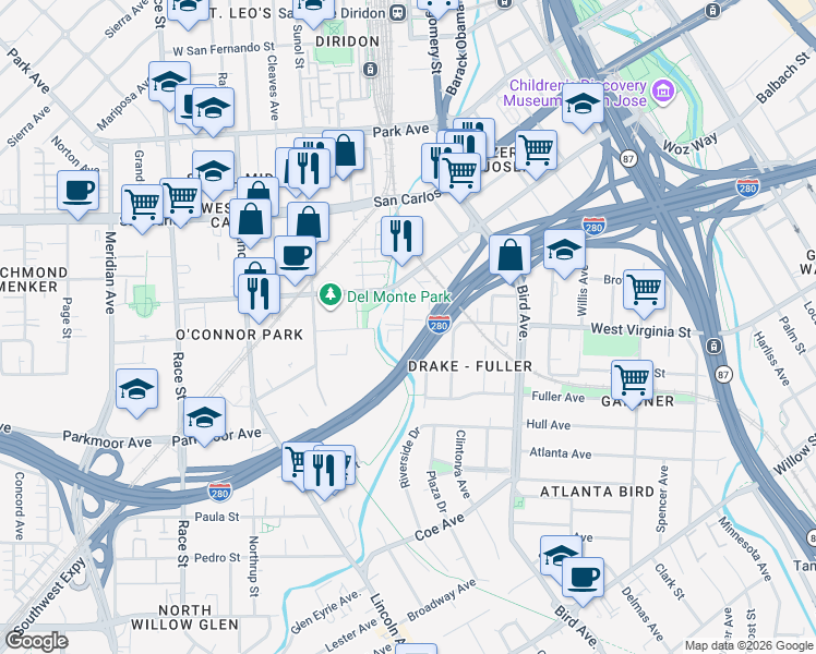 map of restaurants, bars, coffee shops, grocery stores, and more near 506 Hannah Street in San Jose