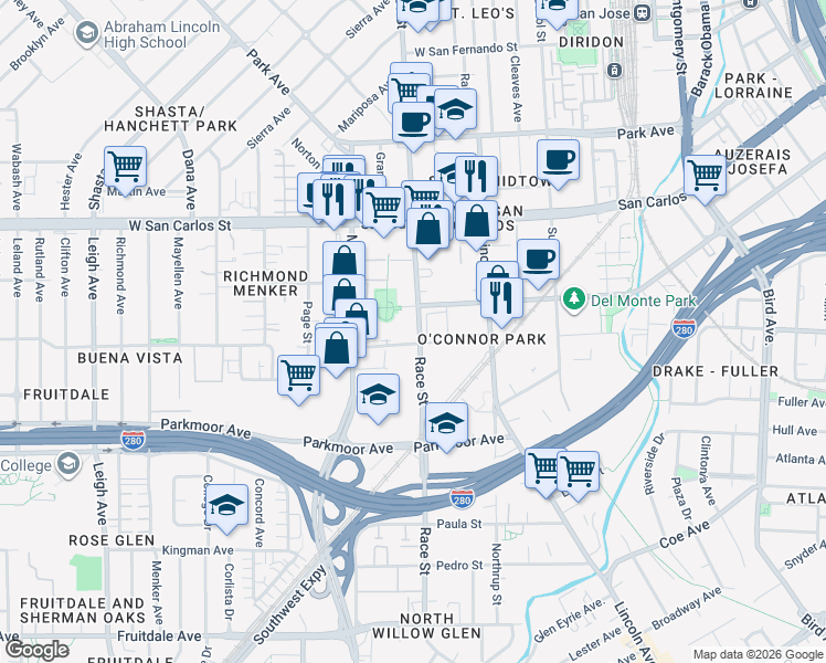 map of restaurants, bars, coffee shops, grocery stores, and more near 50 Saddle Rack Street in San Jose
