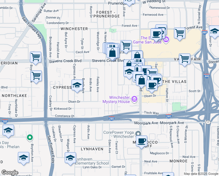 map of restaurants, bars, coffee shops, grocery stores, and more near 445 Rosewood Avenue in San Jose