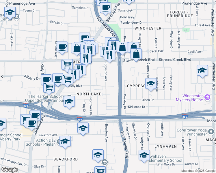 map of restaurants, bars, coffee shops, grocery stores, and more near 421 Boynton Avenue in San Jose