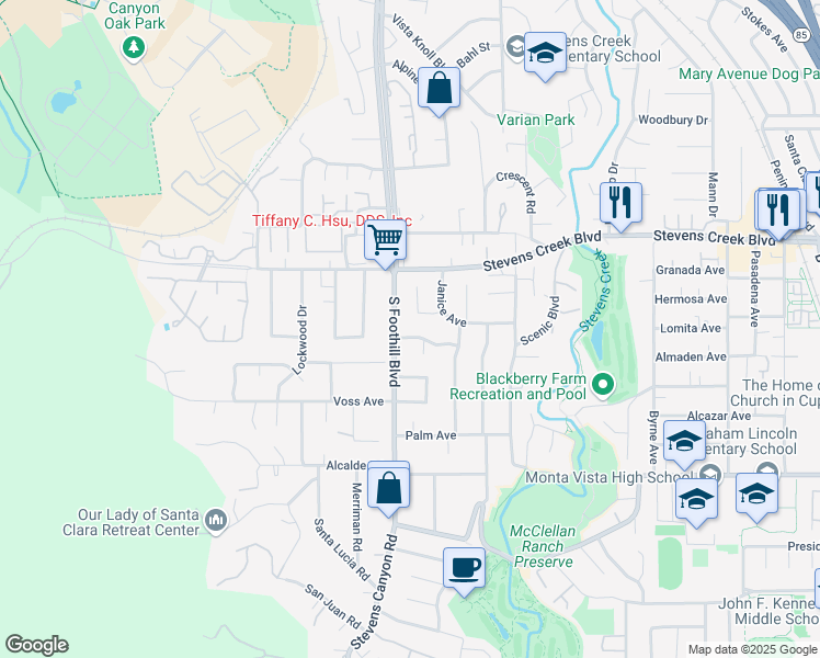 map of restaurants, bars, coffee shops, grocery stores, and more near 22485 Rancho Ventura Street in Cupertino