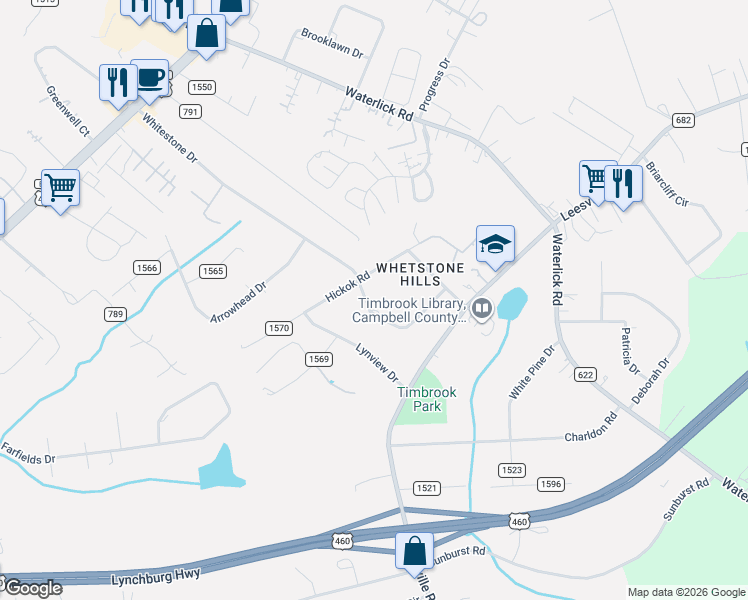 map of restaurants, bars, coffee shops, grocery stores, and more near 209 Whitestone Drive in Lynchburg