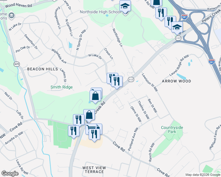 map of restaurants, bars, coffee shops, grocery stores, and more near 3024 Peters Creek Road Northwest in Roanoke