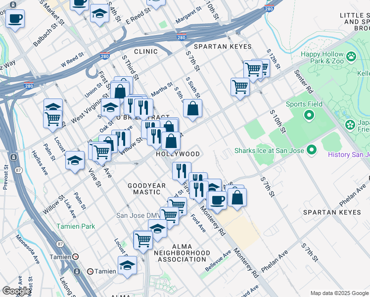 map of restaurants, bars, coffee shops, grocery stores, and more near 127 East Humboldt Street in San Jose