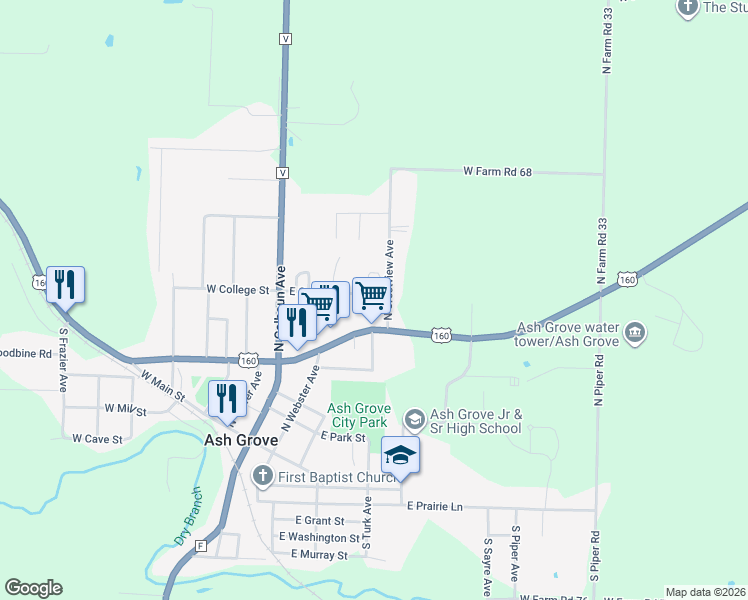 map of restaurants, bars, coffee shops, grocery stores, and more near 303 N Crestview Ave in Ash Grove