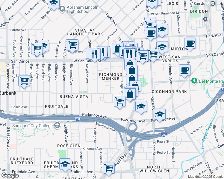 map of restaurants, bars, coffee shops, grocery stores, and more near 482 South Willard Avenue in San Jose