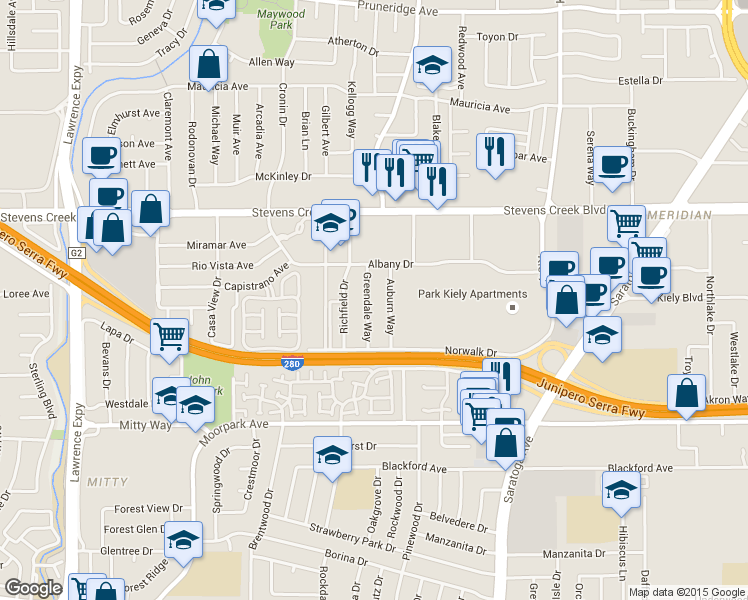 map of restaurants, bars, coffee shops, grocery stores, and more near 328 Greendale Way in San Jose