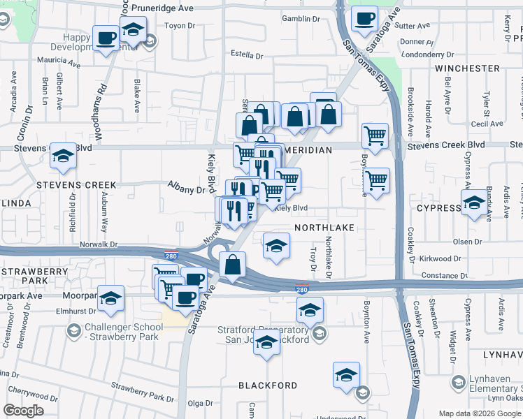 map of restaurants, bars, coffee shops, grocery stores, and more near 397 Kiely Boulevard in San Jose