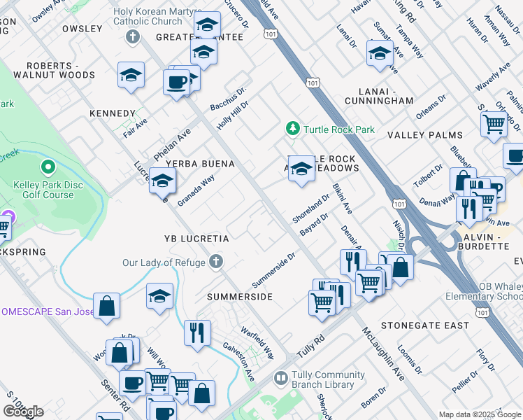 map of restaurants, bars, coffee shops, grocery stores, and more near 1079 Summerain Court in San Jose