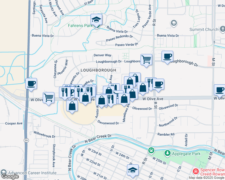 map of restaurants, bars, coffee shops, grocery stores, and more near 3110 Denver Avenue in Merced