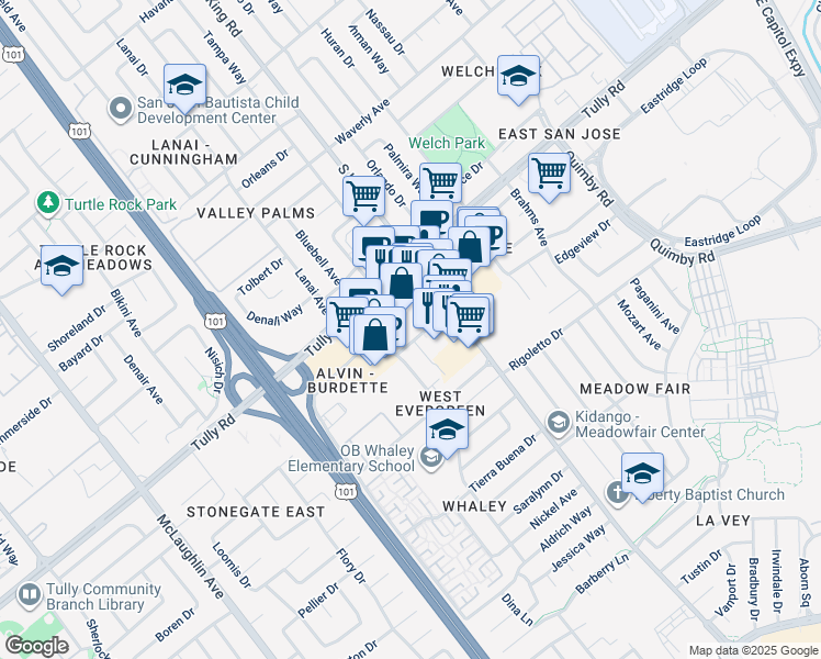 map of restaurants, bars, coffee shops, grocery stores, and more near 1661 Burdette Drive in San Jose