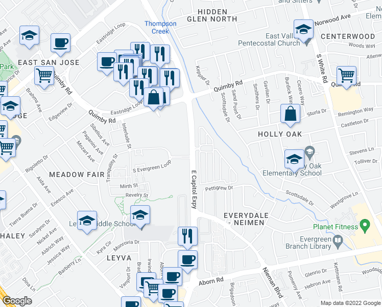 map of restaurants, bars, coffee shops, grocery stores, and more near E Capitol Expy in San Jose