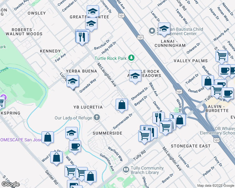 map of restaurants, bars, coffee shops, grocery stores, and more near 1079 Summerain Court in San Jose