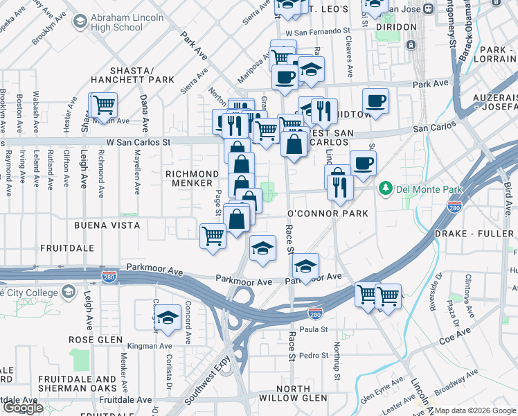 map of restaurants, bars, coffee shops, grocery stores, and more near 1310 Saddle Rack Street in San Jose