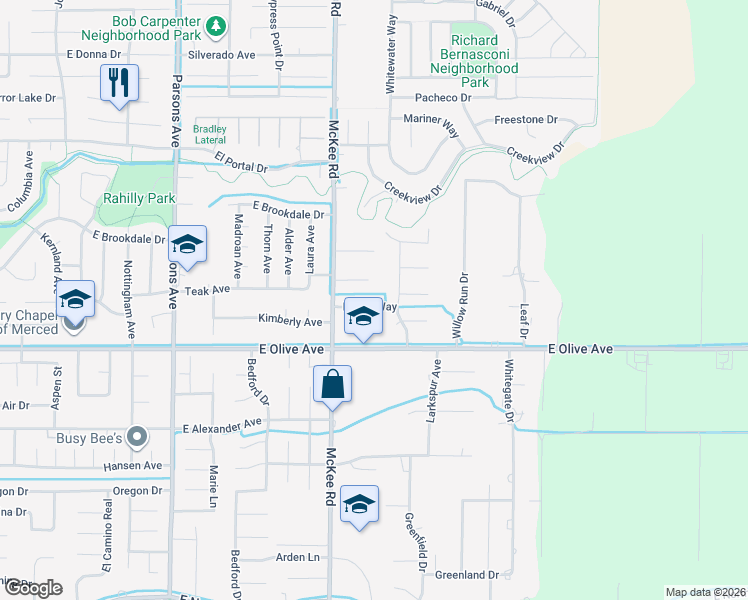 map of restaurants, bars, coffee shops, grocery stores, and more near 2371 Dayna Way in Merced