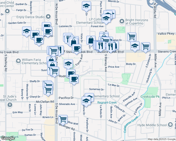 map of restaurants, bars, coffee shops, grocery stores, and more near 10212 Danube Drive in Cupertino
