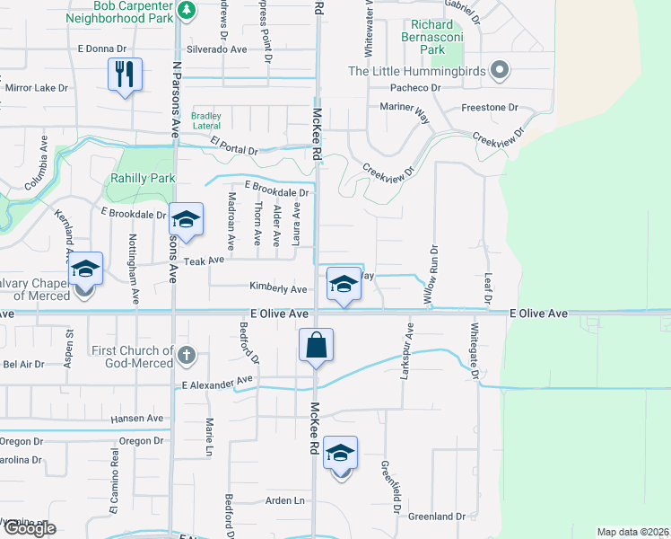 map of restaurants, bars, coffee shops, grocery stores, and more near 2291 Dayna Way in Merced