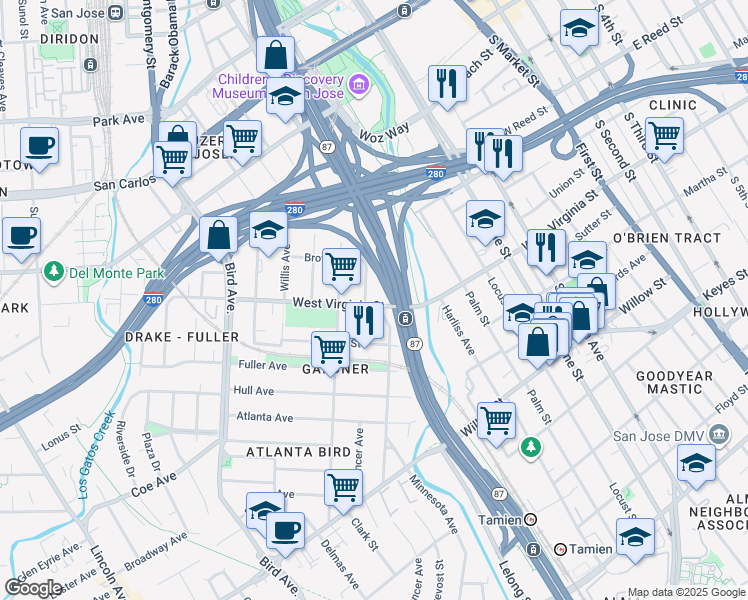 map of restaurants, bars, coffee shops, grocery stores, and more near 369 West Virginia Street in San Jose