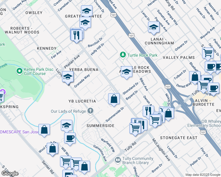 map of restaurants, bars, coffee shops, grocery stores, and more near 1087 Summerain Court in San Jose