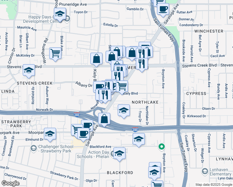 map of restaurants, bars, coffee shops, grocery stores, and more near Saratoga Ave & Kiely Blvd in San Jose