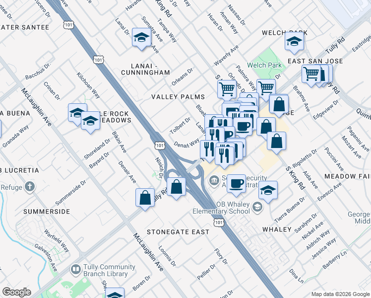 map of restaurants, bars, coffee shops, grocery stores, and more near 1550 Denali Way in San Jose