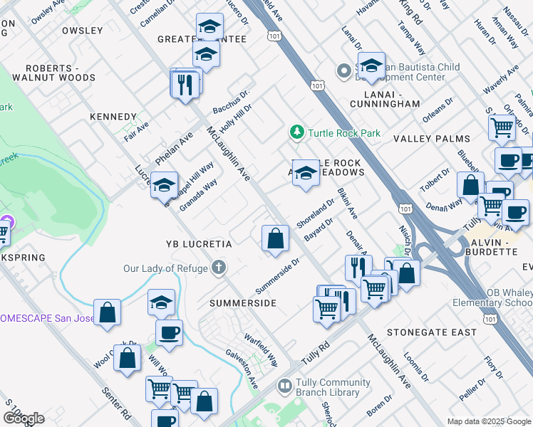 map of restaurants, bars, coffee shops, grocery stores, and more near 1087 Summerain Court in San Jose