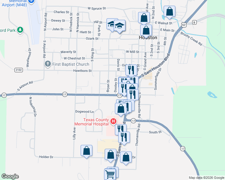 map of restaurants, bars, coffee shops, grocery stores, and more near 913 Dooley Street in Houston