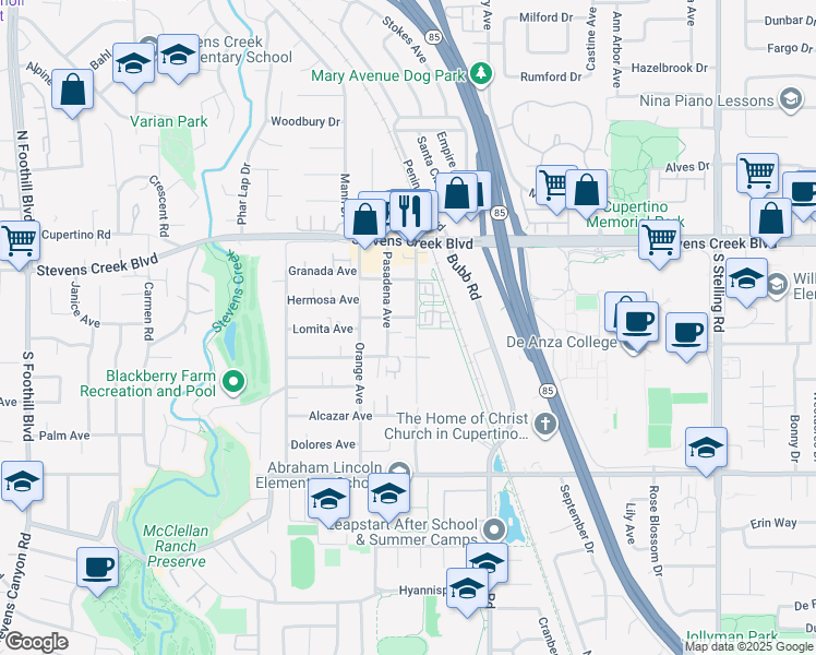map of restaurants, bars, coffee shops, grocery stores, and more near 21670 Lomita Avenue in Cupertino
