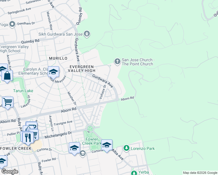 map of restaurants, bars, coffee shops, grocery stores, and more near 3866 Evangelho Circle in San Jose