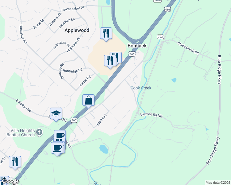 map of restaurants, bars, coffee shops, grocery stores, and more near 4457 Bonsack Road Northeast in Roanoke