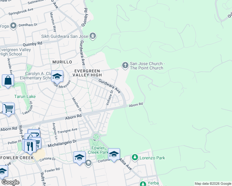 map of restaurants, bars, coffee shops, grocery stores, and more near 3866 Evangelho Circle in San Jose