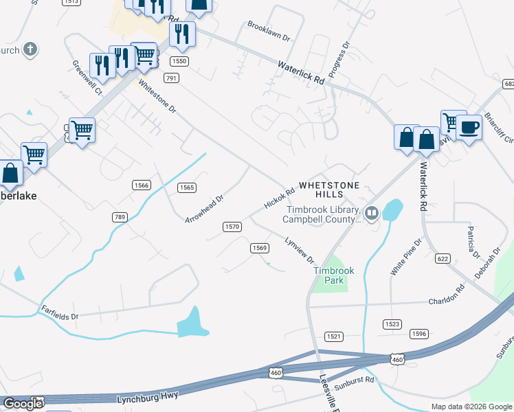 map of restaurants, bars, coffee shops, grocery stores, and more near 465 Hickok Road in Lynchburg