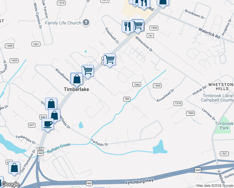 map of restaurants, bars, coffee shops, grocery stores, and more near County Road 789 in Lynchburg