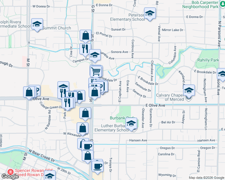 map of restaurants, bars, coffee shops, grocery stores, and more near Seneca Street & College Avenue in Merced