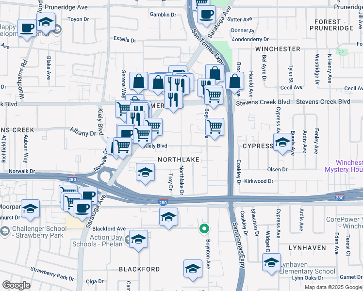 map of restaurants, bars, coffee shops, grocery stores, and more near Kiely Blvd & Northlake Dr in San Jose