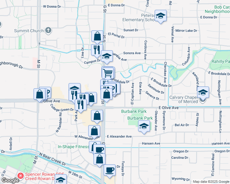 map of restaurants, bars, coffee shops, grocery stores, and more near 3144 G Street in Merced