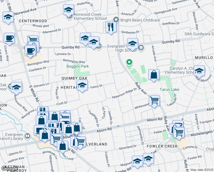 map of restaurants, bars, coffee shops, grocery stores, and more near 3151 Apperson Ridge Court in San Jose