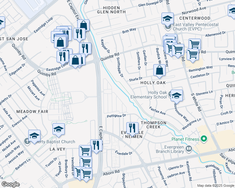 map of restaurants, bars, coffee shops, grocery stores, and more near 2688 Whispering Hills Road in San Jose