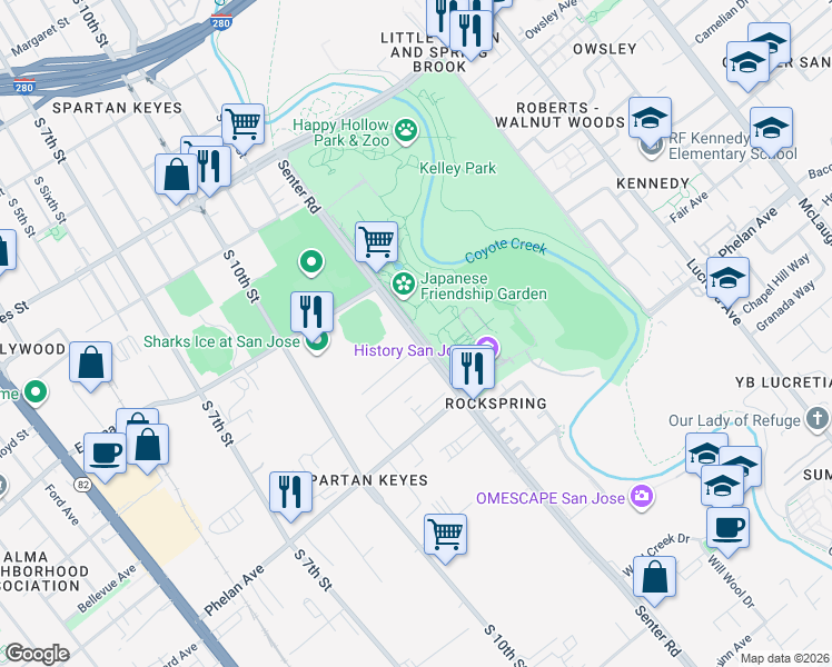 map of restaurants, bars, coffee shops, grocery stores, and more near 1650 Senter Rd in San Jose