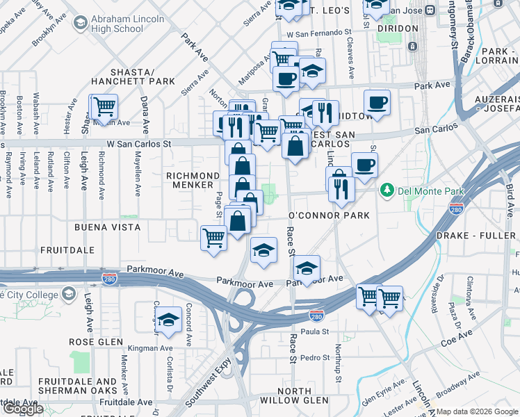 map of restaurants, bars, coffee shops, grocery stores, and more near 1310 Saddle Rack Street in San Jose