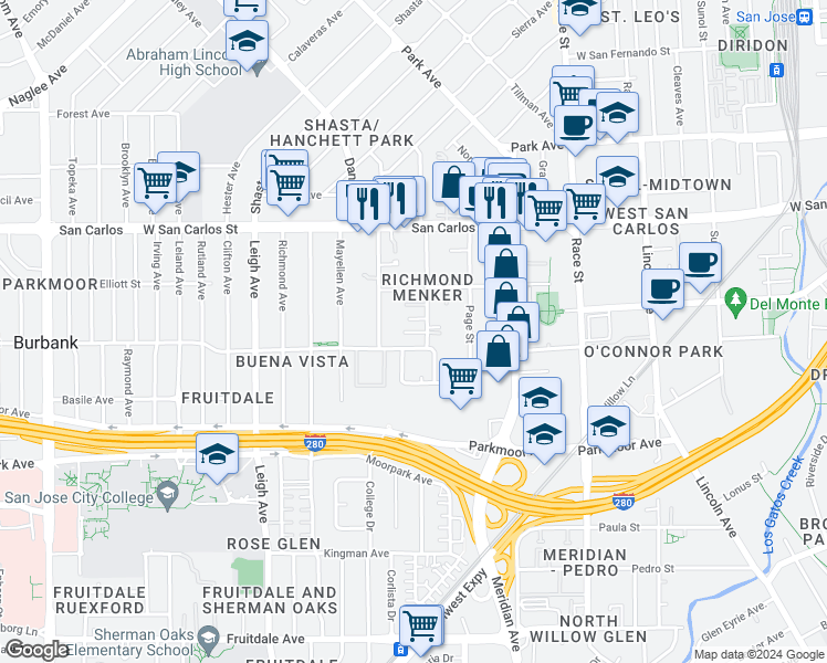 map of restaurants, bars, coffee shops, grocery stores, and more near 471 South Willard Avenue in San Jose