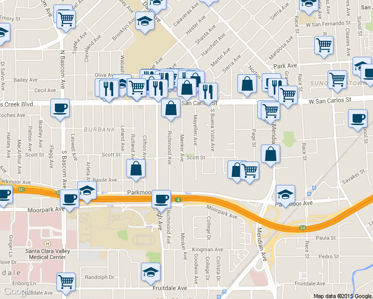 map of restaurants, bars, coffee shops, grocery stores, and more near 494 Menker Avenue in San Jose