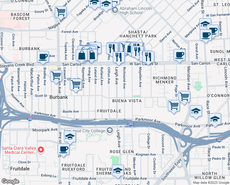 map of restaurants, bars, coffee shops, grocery stores, and more near 486 Clifton Avenue in San Jose