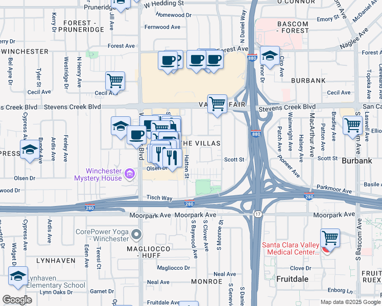 map of restaurants, bars, coffee shops, grocery stores, and more near 644 Villa Centre Way in San Jose