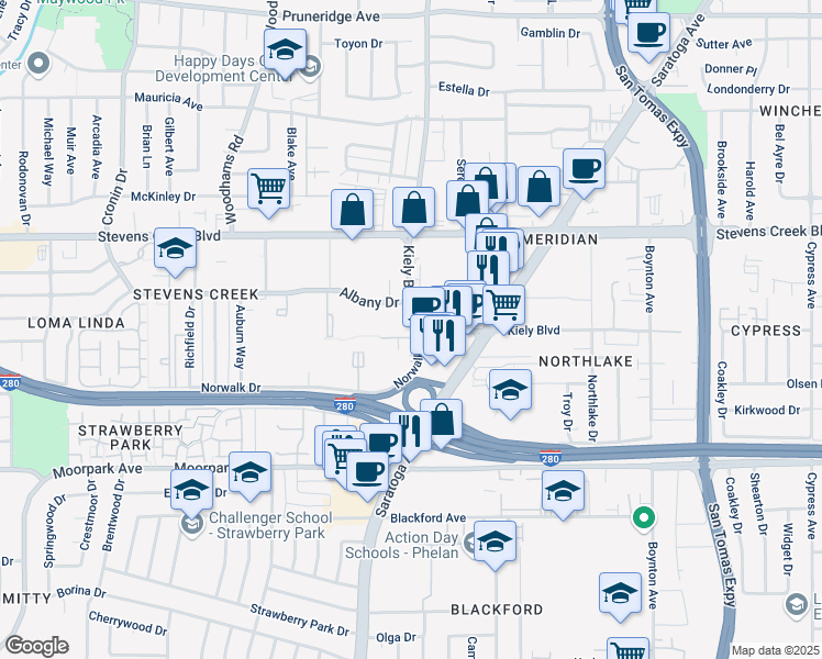 map of restaurants, bars, coffee shops, grocery stores, and more near 349 Kiely Boulevard in San Jose