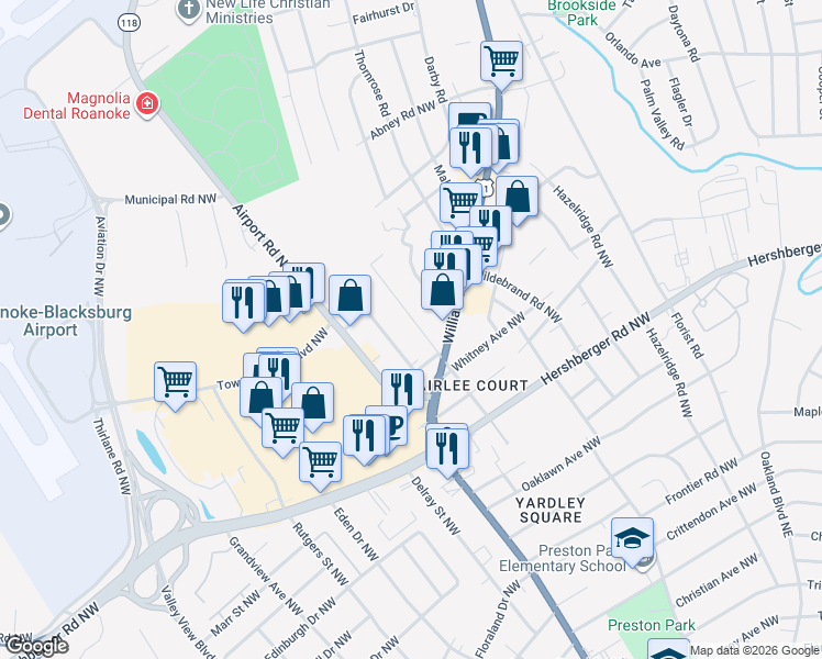 map of restaurants, bars, coffee shops, grocery stores, and more near 5122 Woodbury Street Northwest in Roanoke