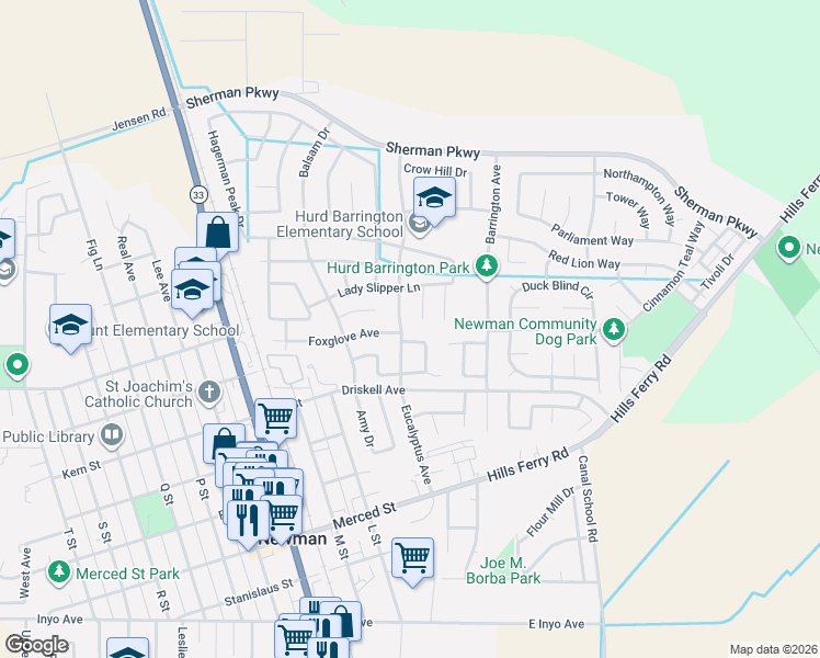 map of restaurants, bars, coffee shops, grocery stores, and more near 523 Goldenrod Lane in Newman
