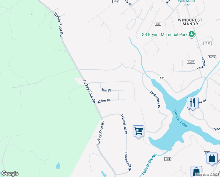 map of restaurants, bars, coffee shops, grocery stores, and more near 106 Britt Place in Forest