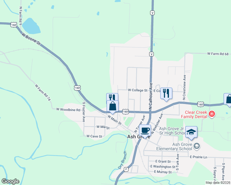 map of restaurants, bars, coffee shops, grocery stores, and more near 312 North Thurmond Avenue in Ash Grove