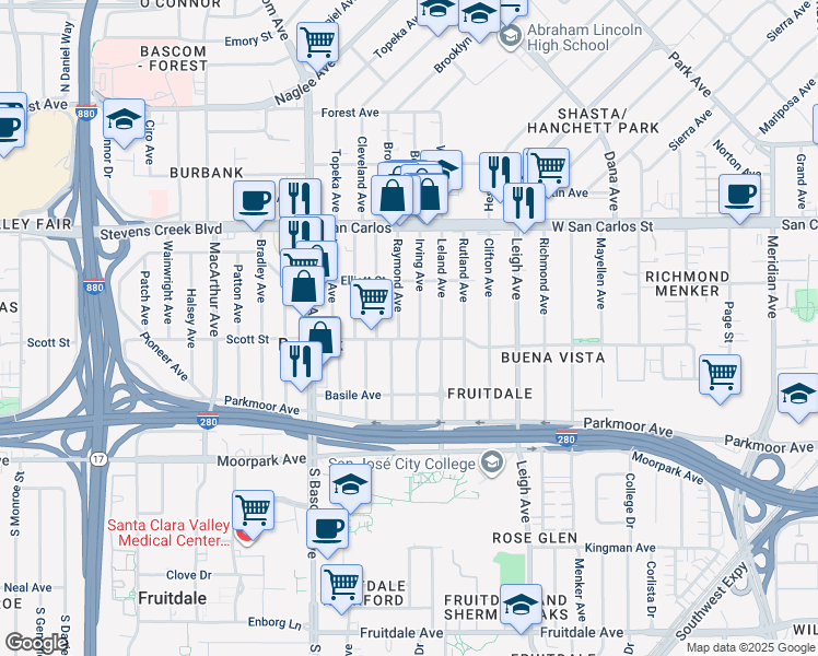 map of restaurants, bars, coffee shops, grocery stores, and more near 480 Raymond Avenue in San Jose